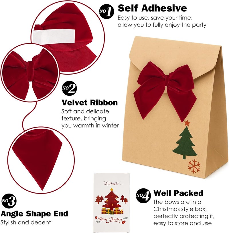 LiBongTa 3.5" Red Bows Small Velvet Ribbon Bow for Decoration, Self Adhesive Gift Bows, Rustic Bows for Christmas Tree, Treat Bags, Candy Pop, Basket, Party Favor, Craft Bow for Gift Wrapping-24 PCs - Image 3